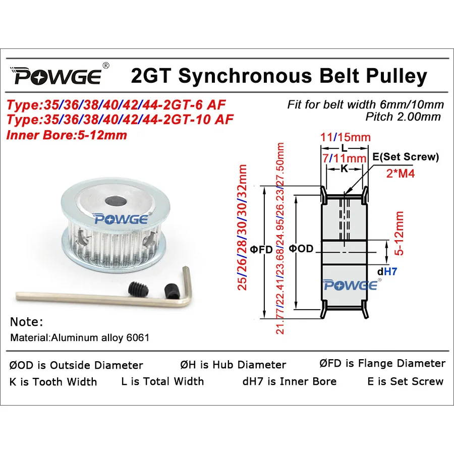 POWGE 35 36 38 40 42 44 teeth 2MGT 2GT Timing Pulley AF Bore 5/6/6.35/7/8/10mm for GT2 belt width 6/10mm 35T 36T 38T 40T 42T 44T