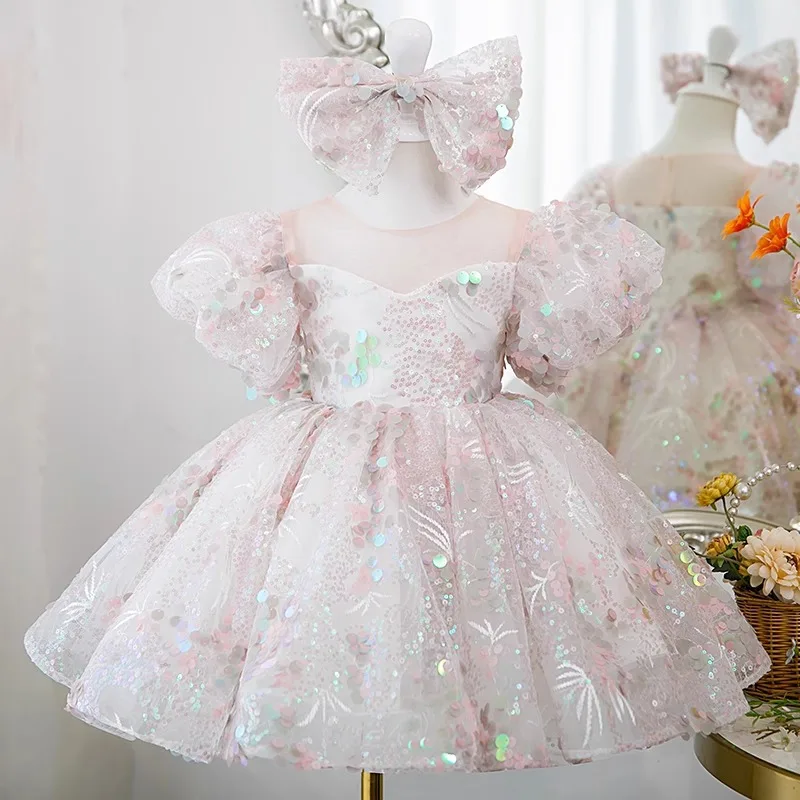 

High end childrens princess dress Round neck bubble sleeves Sweet lovely Dress Light luxury niche grace Piano performance dress