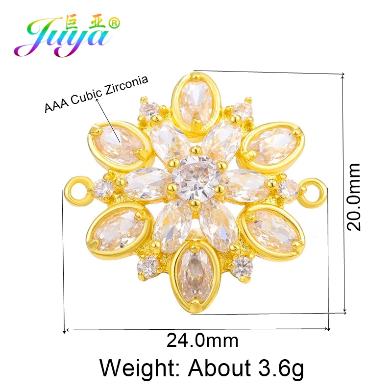 Juya Handmade Jewelry Material Supplies Gold Cubic Zirconia Flower Charm Connectors For DIY Bracelets Earrings Making