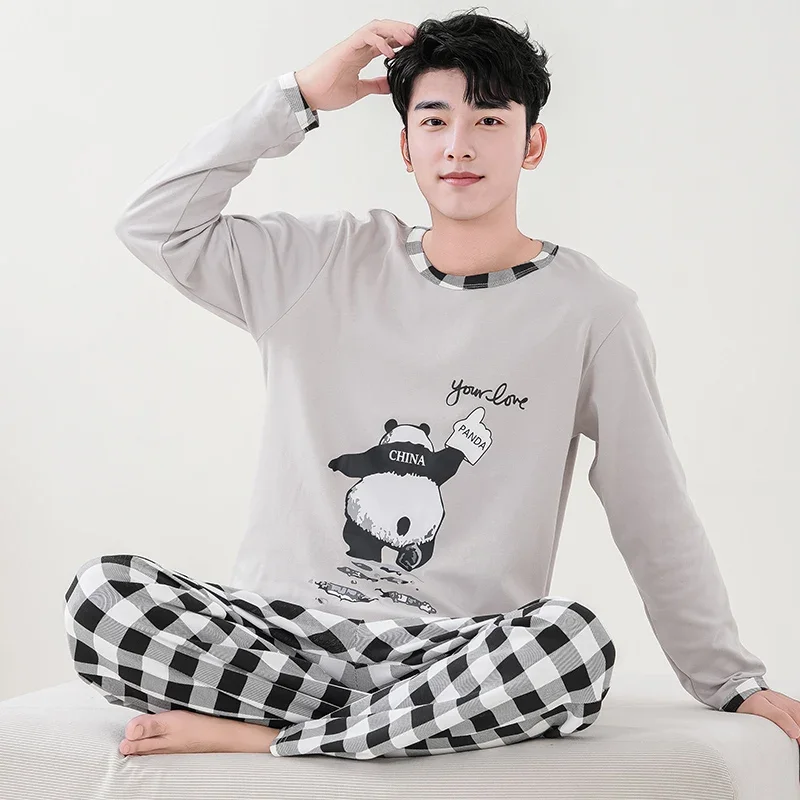 Panda Cartoon Cute Pajamas Set for Men Cotton Autumn Long Sleeves O Neck Nightwear Autumn and Spring Loungewear Hombre Dropship