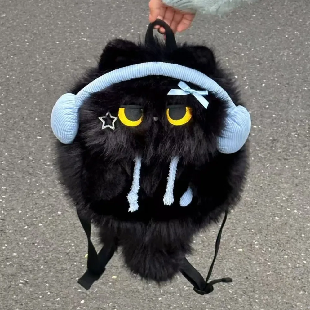 Mochila de Pelúcia de Gato Siamês Kawaii com Fone de Ouvido, Aparência Realista, Simulação de Animal, Bolsa de Ombro Macia e Fofa para Estudantes, Mochila Escolar, Viagem