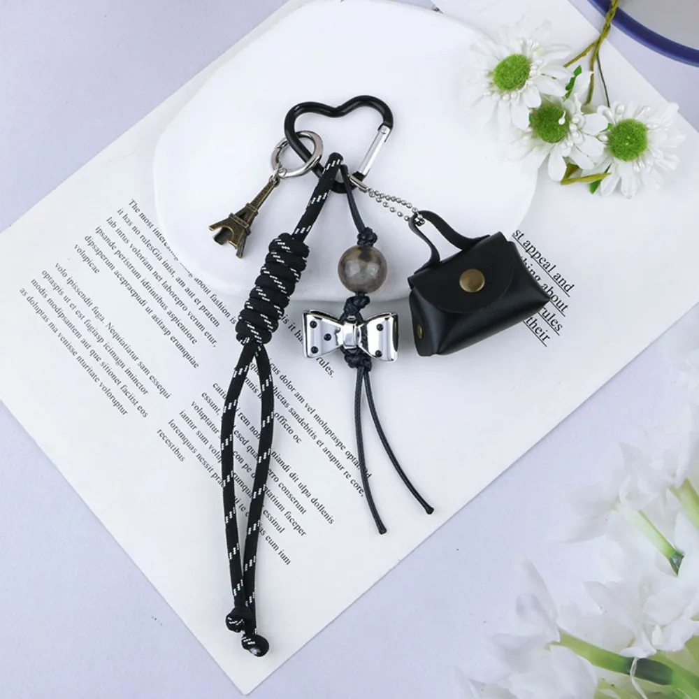 

New Small Leather Bag Handmade Rope Keychain Bow Eiffel Tower Purse Hanging Pendants Colorful Bag Charm