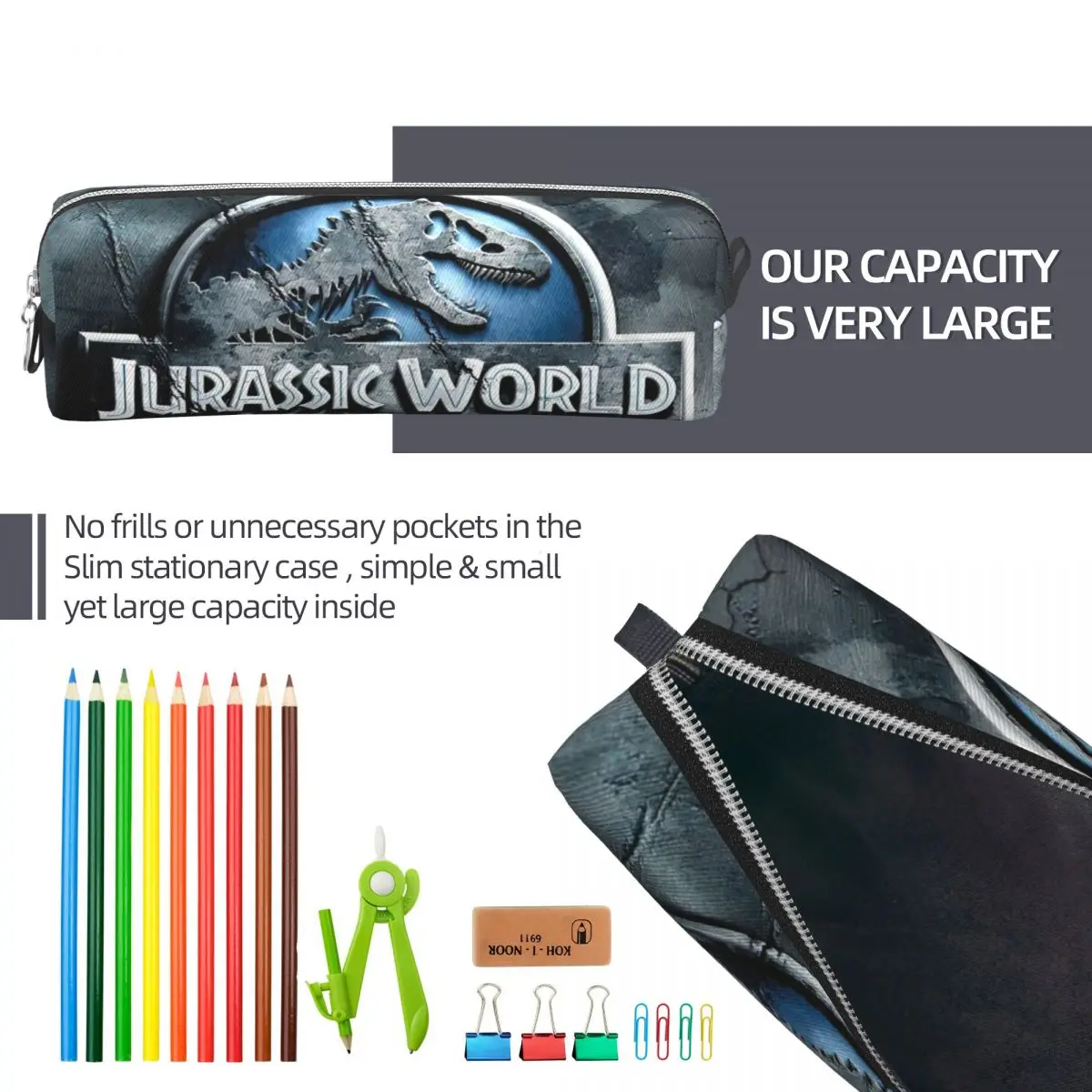 Jurassic world logotipo dinossauro lápis casos caneta titular sacos de lápis para estudante grande armazenamento material escolar zíper pencilcases