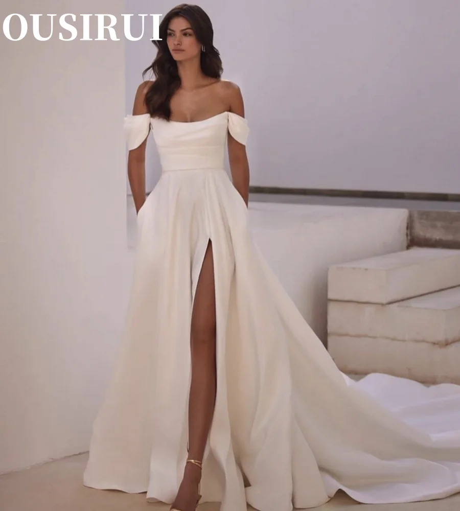 Wedding Dress Side Slit Short Sleeve For Women Elegant Satin  With Pocket 2024 Civil Bridal Gowns Customize To Measures Elegant