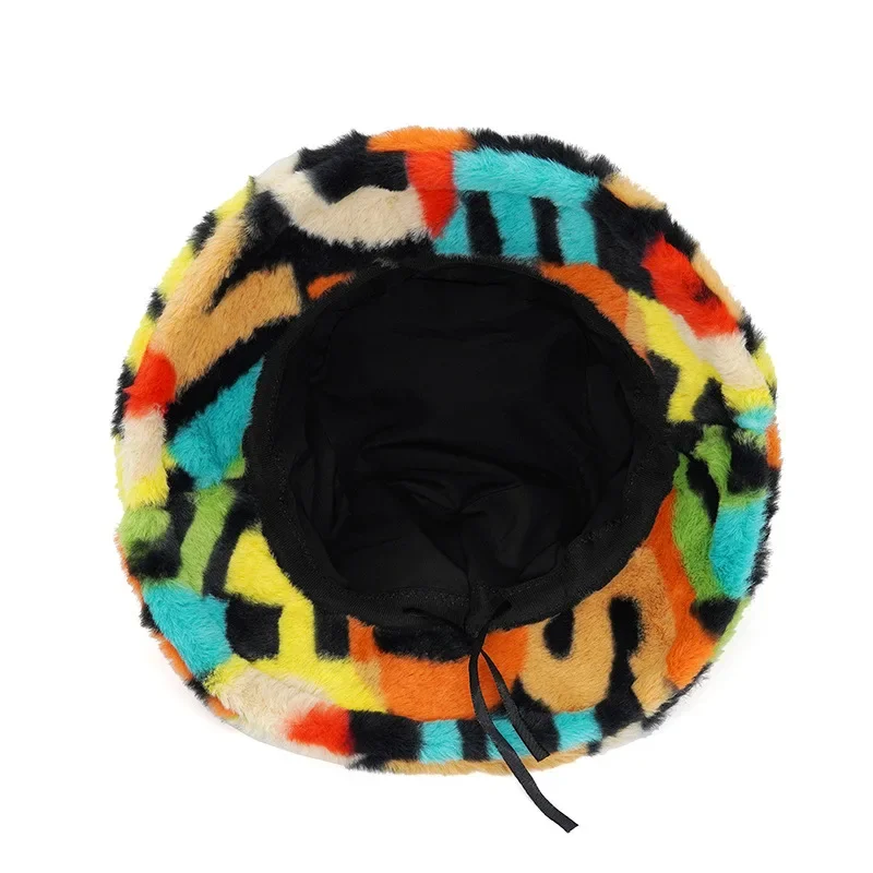 2024New Winter Eimer-Hüte Flauschigen Fell Männer Frauen Panama Hut Mode Warme Fischer Kappe Brief Regenbogen Hahnentritt Leopard gedruckt – Detail 14