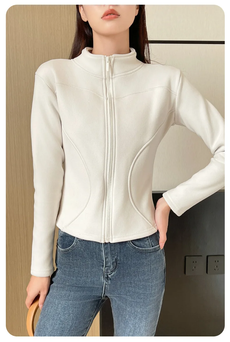 Women's Slim Fit Fleece Lined Short Sweatshirt Jacket Autumn Winter Thick Warm Zipper Jackets Woman Solid Stand Collar Yoga Wear