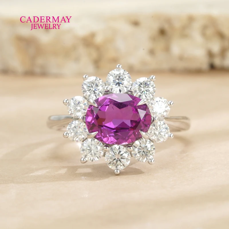 Cadermay 925 Silver 7x9mm Oval Shape Rose Purple Colorful Lab Sapphire Halo Moissanite Promise East-West Rings for Women Party
