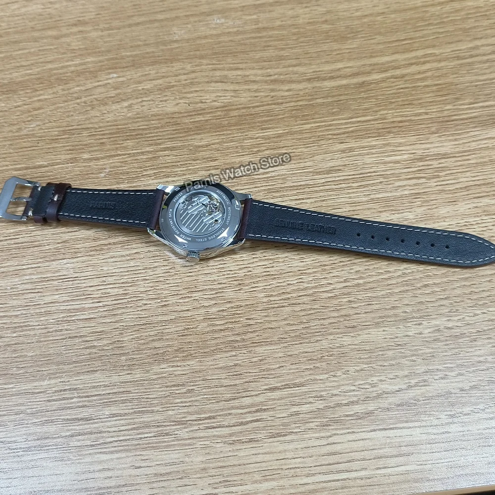 Parnis 41.5มม. นาฬิกาข้อมือแบบลำลองสำหรับผู้ชายสายหนังสีน้ำตาล