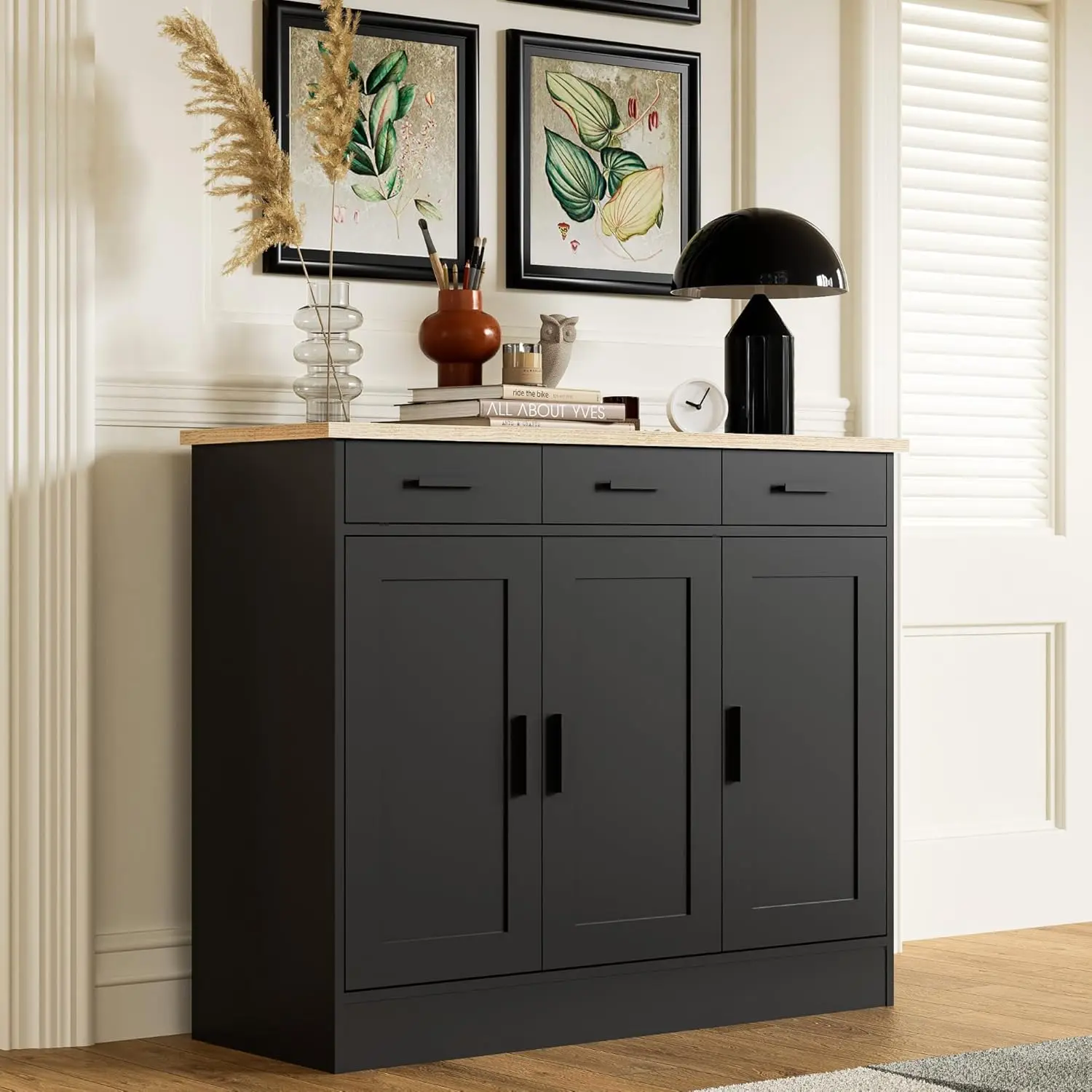 Black Buffet Cabinet, Coffee Bar Cabinet with 3 Drawers & 3 Doors, Kitchen Buffet Sideboard