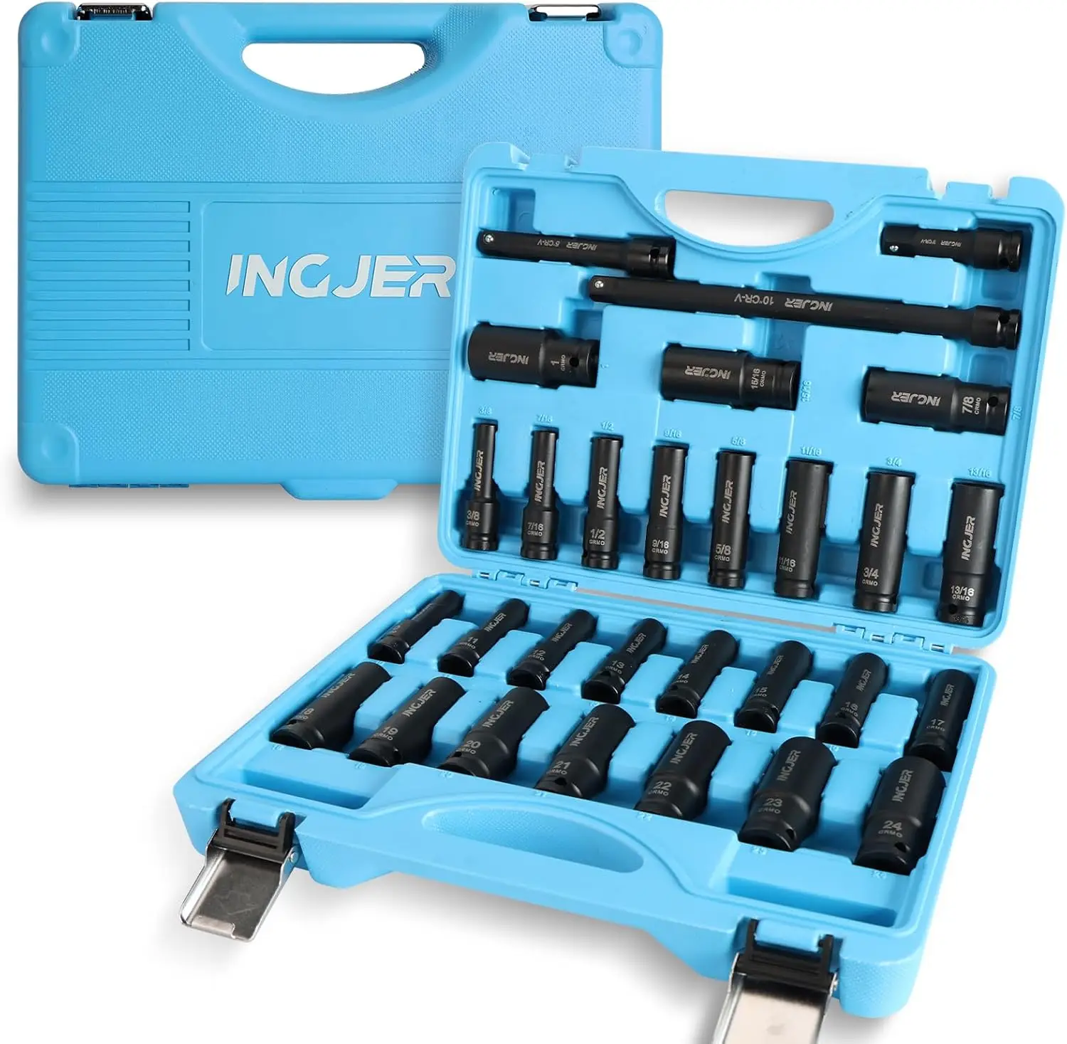 

1/2" 29PCS Impact Socket Set, CR-MO 6 Point, SAE & Metric, Standard & Deep with Extension Bars, for Truck Bearing Locknut