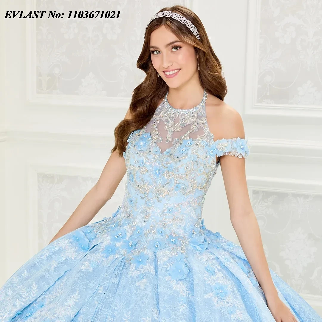 Evlast mexikanische blaue Quince anera Kleid Halfter Ballkleid Spitze Applikationen Kristalle Perlen Korsett abgestufte Vestidos de XV Anos sq286