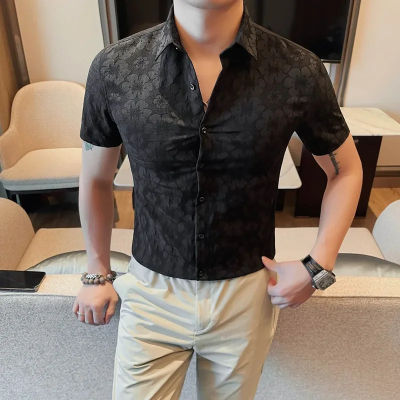 

Black/White Luxury Fashion Jacquard Shirt For Men 2024 Summer Short Sleeve Slim Fit Casual Social Prom Dress Shirts Men Clothing