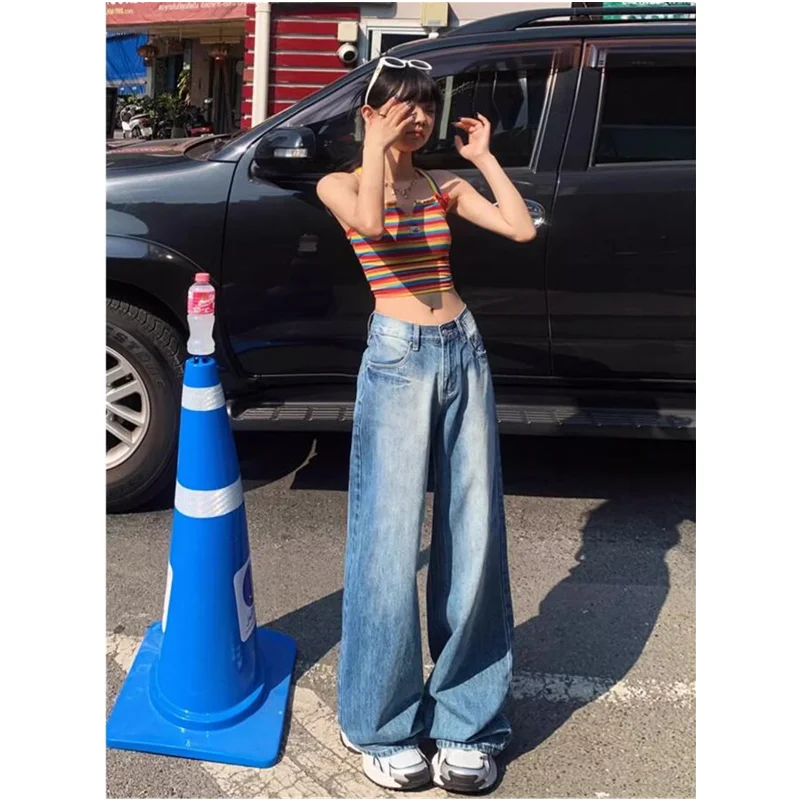 

Blue Womens Jeans High Waist Vintage Straight Baggy Denim Pants Streetwear American Design Sense Fashion Wide Leg Denim Trouser