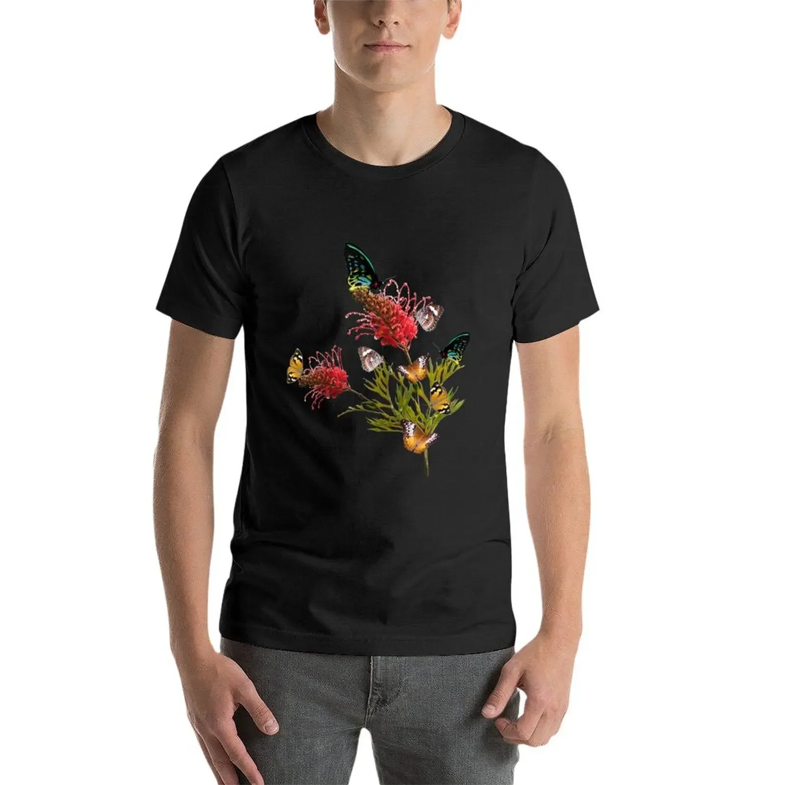Bunch of Butterflies on Grevillea clear background T-Shirt tops graphic t shirts customizeds cotton t shirt men