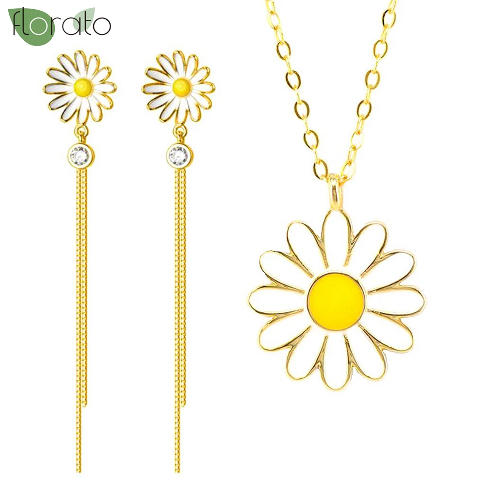 

2024 New White Flower Earrings Fashion Metal Chain Tassel Long Earrings Cute Daisy Pendant Necklace Ring Wedding Jewelry Set