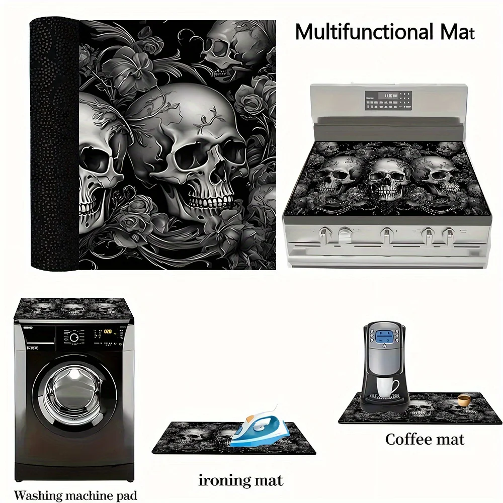 Halloween Skull Floral Heat Resistant Mat Kitchen Countertop Protector Stove Top Cover Gothic Holiday Home Table Decor Pad