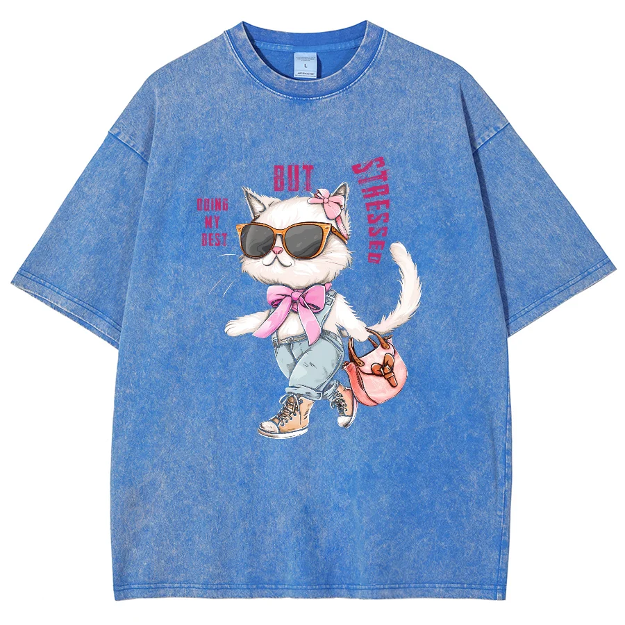 Fashion Cat Anthropomorphic Cartoon Print Women's 100% Cotton T-Shirt Normal Size Loose Stretch Short Sleeve Casual Cute Tees