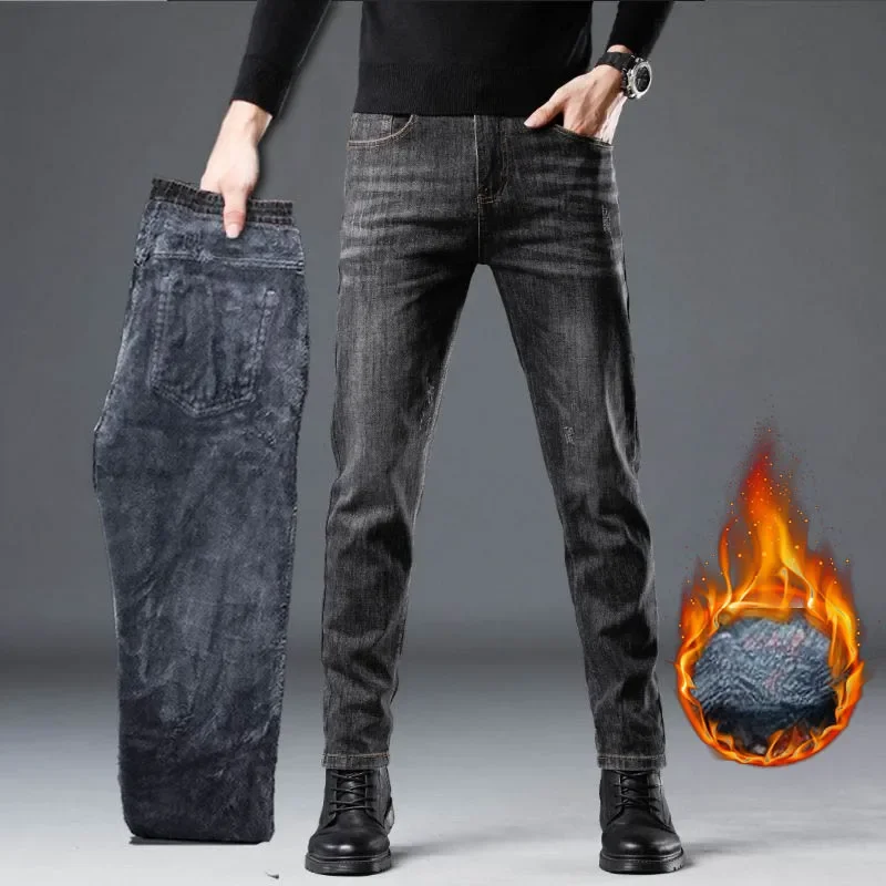 Men Autumn Winter Fleece Lined Warm Jeans Straight Leg Versatile Daily Washed Denim Long Pants Fashion Classic Commute Trousers