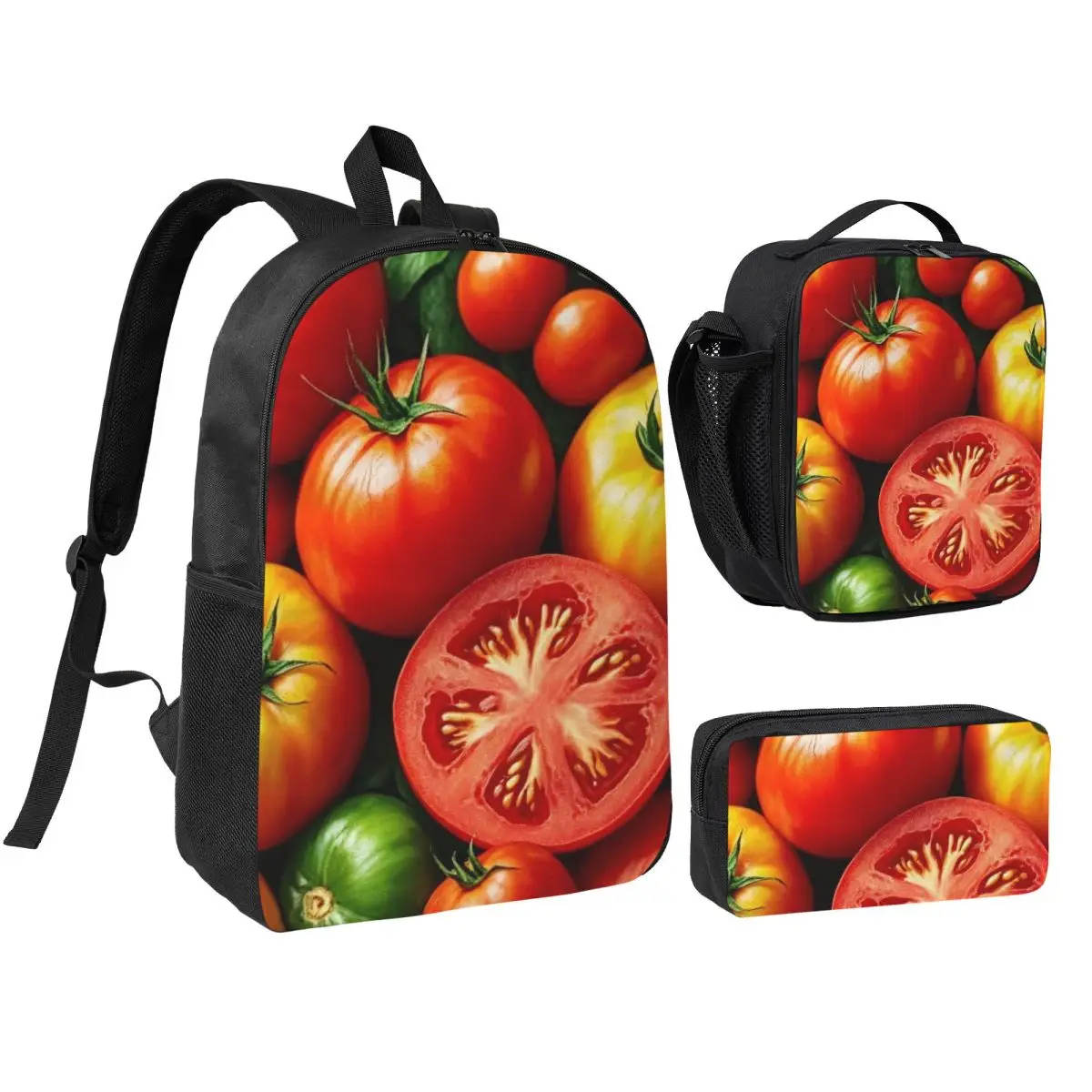 Vintage Tomato Realistic Style Backpack Boys Girls BookBag School Bag Shoulder Bags 3ps Insulated Lunch Bag Pencil Case