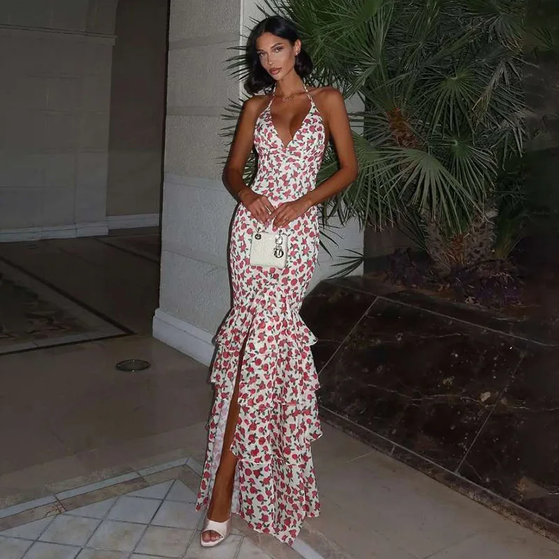 

Halter Printing High Split Women's Evening Dress Backless Lace Up Bandage Gown Pink Sheath Slim Party Skirt New Design In Stock