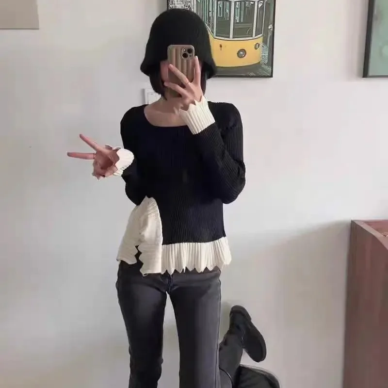 Autumn Chic Butterfly Sleeve Knitted Pullover for Women Fashion Irregular Low Cut  Sweater Basic Sweet Ladies Knitwear BF