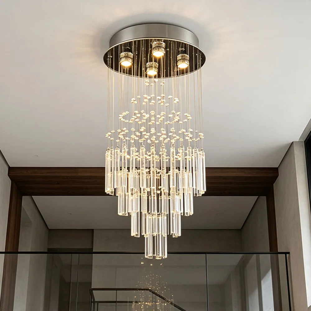 Modern Long Crystal Stair Chandelier Round Ceiling Plate Hanging Light For Villa Duplex Stairwell Foyer High Ceiling Decor Light