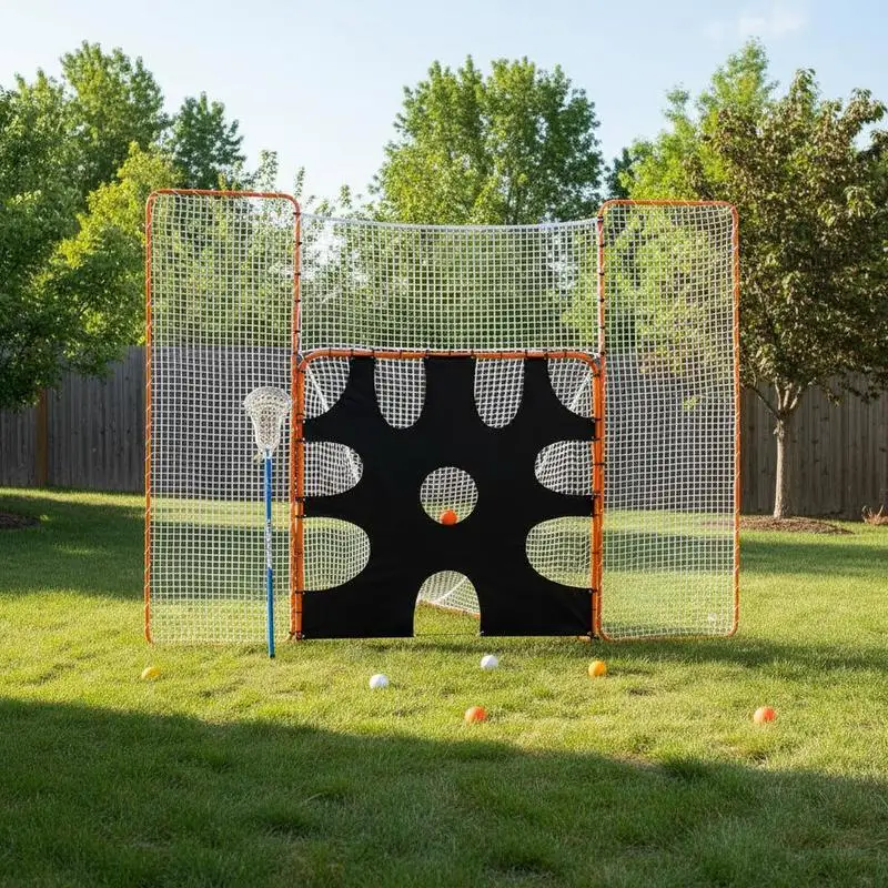 

Lacrosse Target Net 12x9 ft For Backyard Training Practice Sessions Professional Drills, 3-IN-1 Design Orange Steel Frame High Density Mesh Quick Assembly System Suitable Youth Adult Use Outdoor Sport Equipment Pack