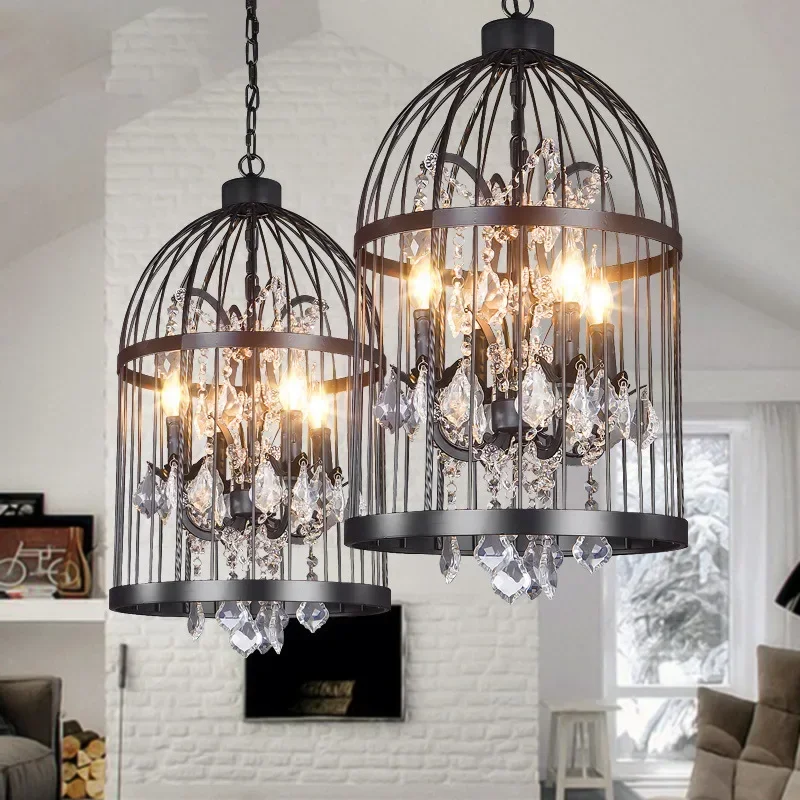 Vintage Birdcage Crystal Chandelier, Classic Black Metal Fixture, Retro Living Room Lighting, Nostalgic Decor Pendant Lights