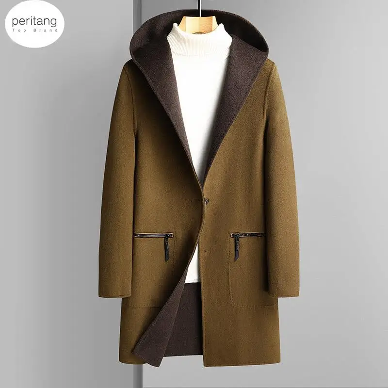 

PERITANG 2024 Korean Winter Men Cashmare Wool Hooded Overcoat Reversible Wear Design Sheep Woollen Coat Male Elegant Oufits