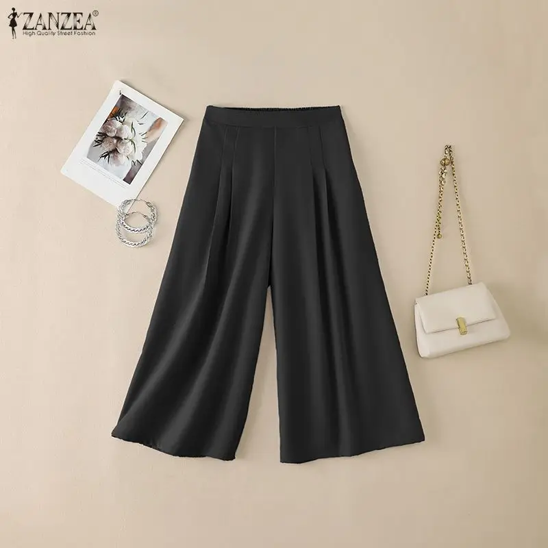 

ZANZEA Women's Summer Casual Cropped Pants Elastic Back High Waist Wide Leg Calf-Length Trousers Elegant Commuting Solid Capris