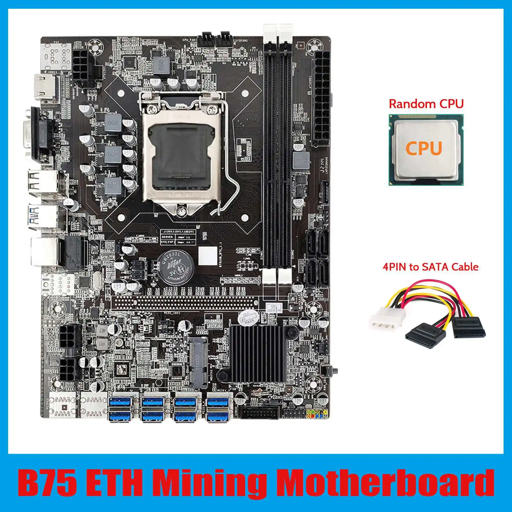 B75 ETH Mining Motherboard 8XPCIE USB Adapter+CPU+4PIN to SATA Cable LGA1155 MSATA DDR3 B75 USB BTC Miner