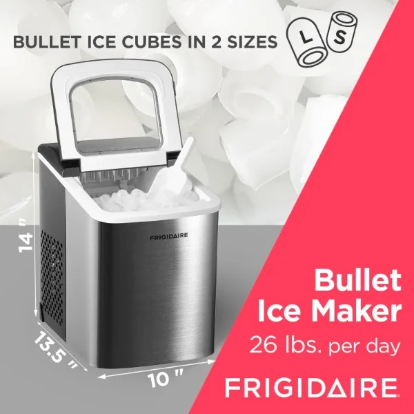 Máquina de hielo Frigidaire compacta para encimera, hace 26 libras. De cubos de hielo en forma de bala por día, acero inoxidable plateado