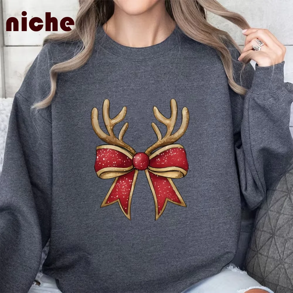 

Ladies Sweater Hoodie Cotton Soft High Quality Round Neck Pullover Christmas Bow Elk Horn Graphic Print Chic Sweatshirt