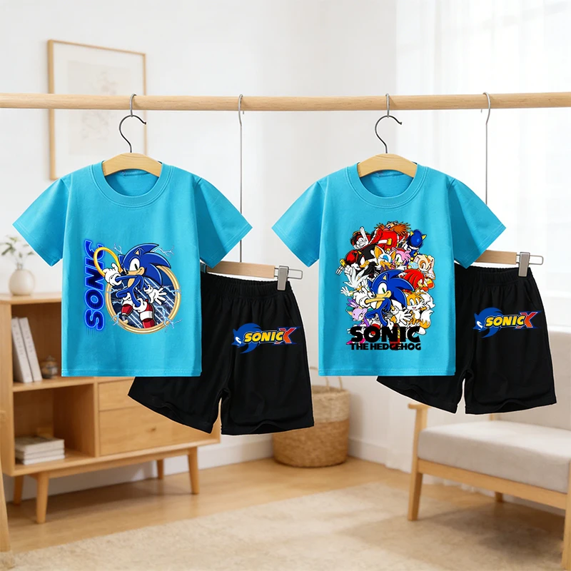 

Soniced Boy Girl Short Sleeves Shorts 2pcs Set Children Cotton T-shirt Set Anime Cartoon Summer Tees Kids Fashion Clothes Gift