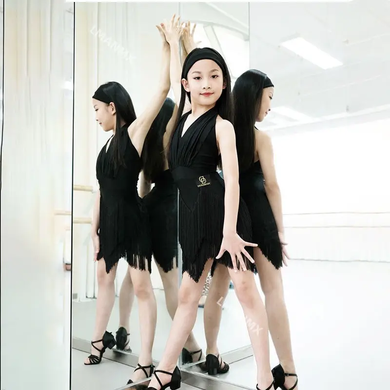 زي الرقص اللاتيني للفتيات والأطفال، ملابس ممارسة صيفية بدون ظهر، تنورة أطفال بدون أكمام