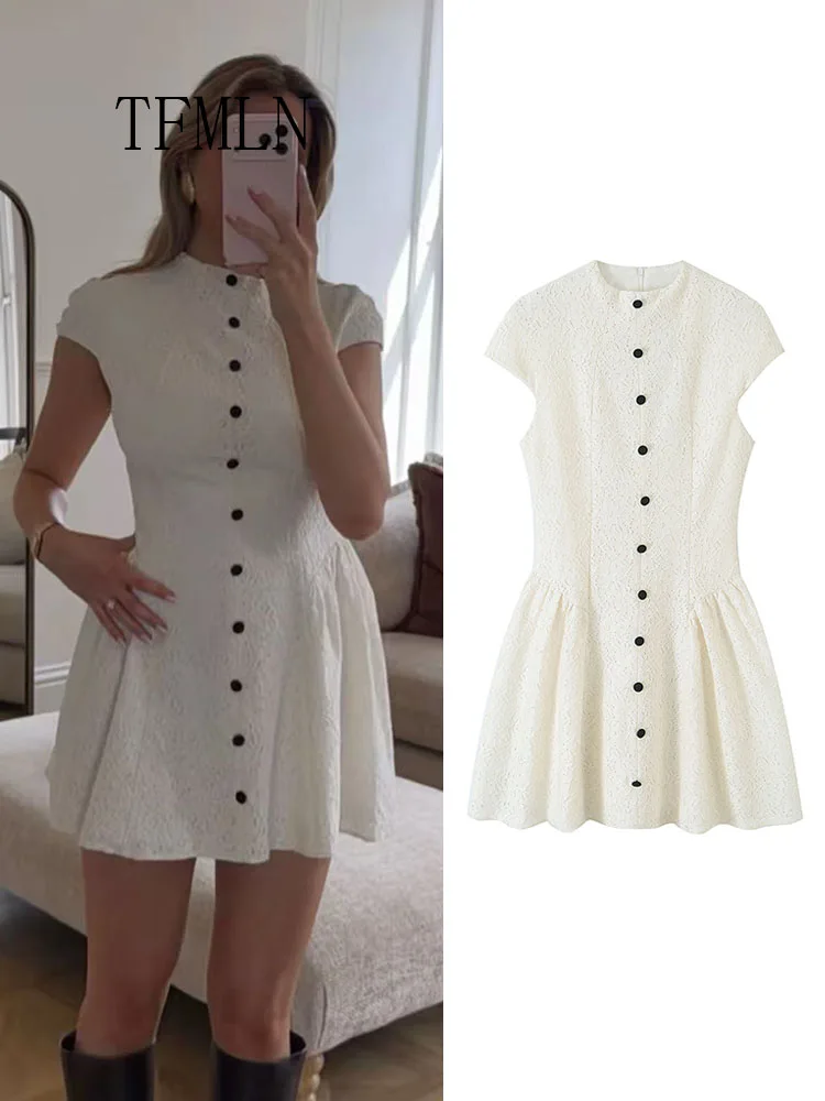 Elegantes Damen-Spitzen-Mini-A-Linien-Kleid, Modisches Lässiges Kurzarm-Kleid mit Knopfleiste, Süßes Damenkleid mit Rundhalsausschnitt in Unifarbe