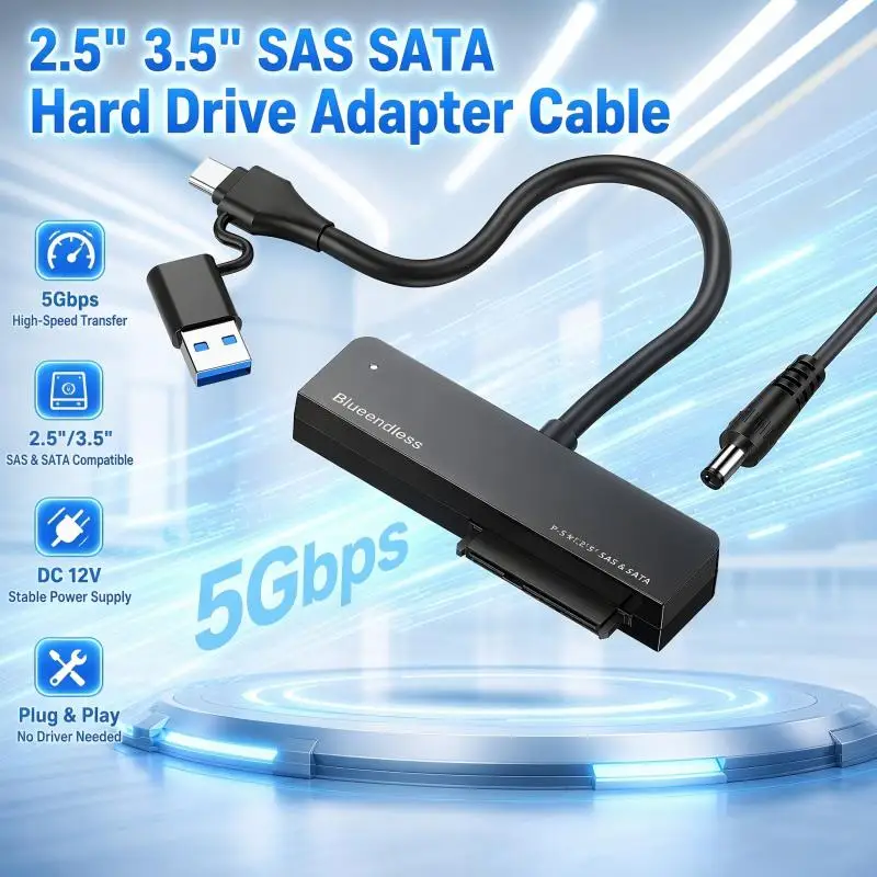 High-Speed Data Transfer USB3.0 USB 3.0 Type-C To SAS SATA Cable Converter Adapter Black Compatible with 2.5 3.5 Inch SSD HDD