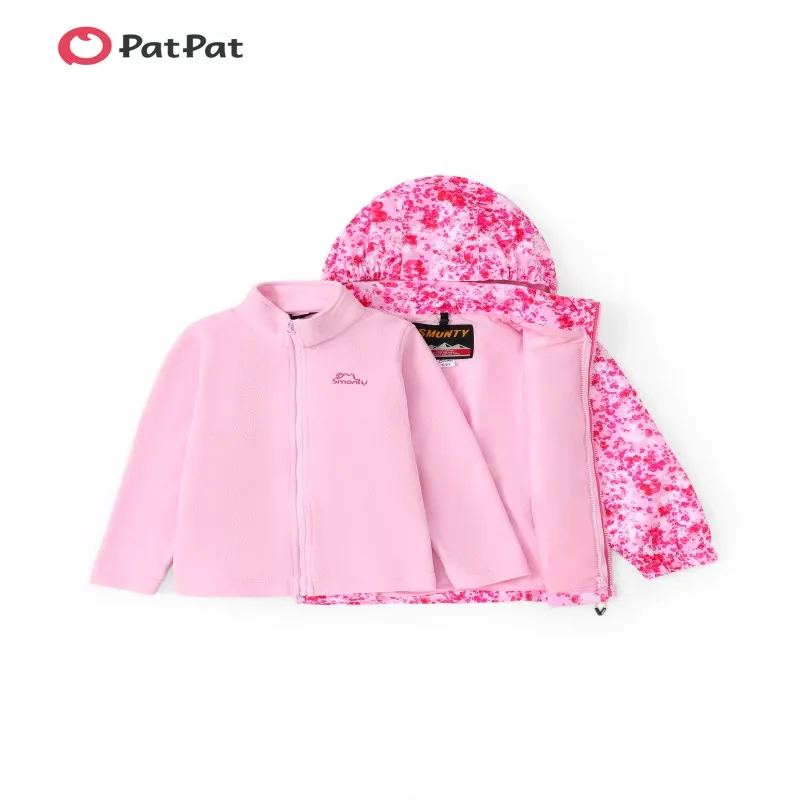 

PatPat PatPat Girls' Pink Floral 3-in-1 Waterproof Jacket with Removable Fleece Jacket - Stylish Outerwear for Kids