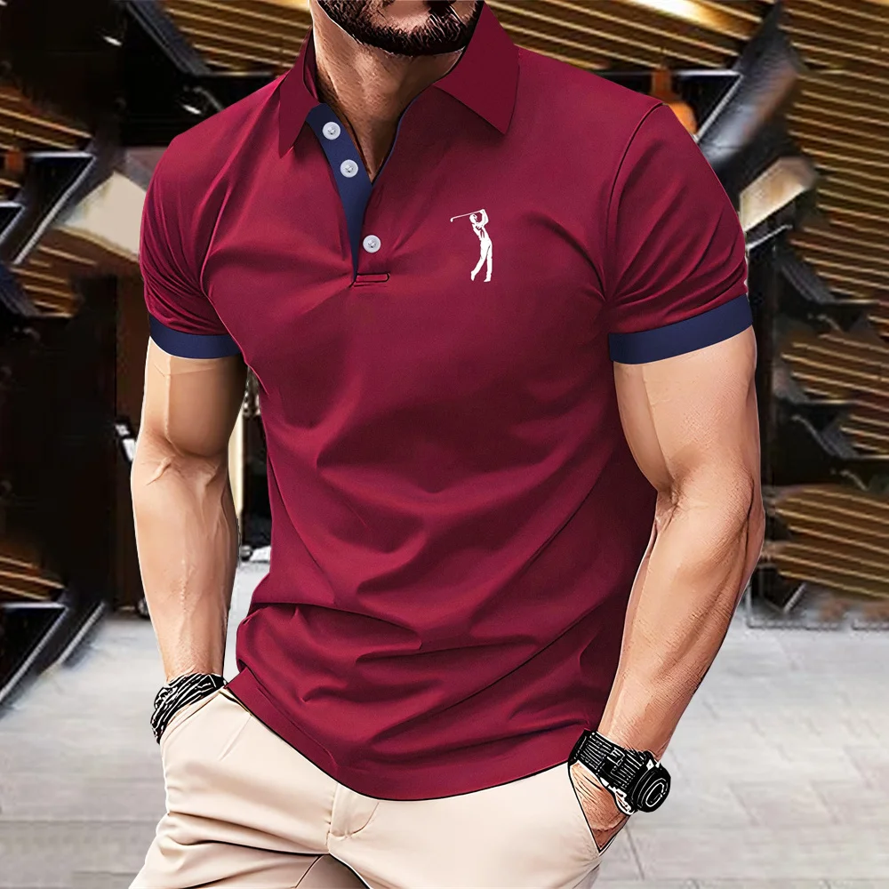 Modisches 3D-Buchstaben-Streifen-Print-Poloshirt für Herren, Business Casual, Reverskragen, Kurzarm, Lockeres T-Shirt, Sommer, Atmungsaktiv, Golfbekleidung