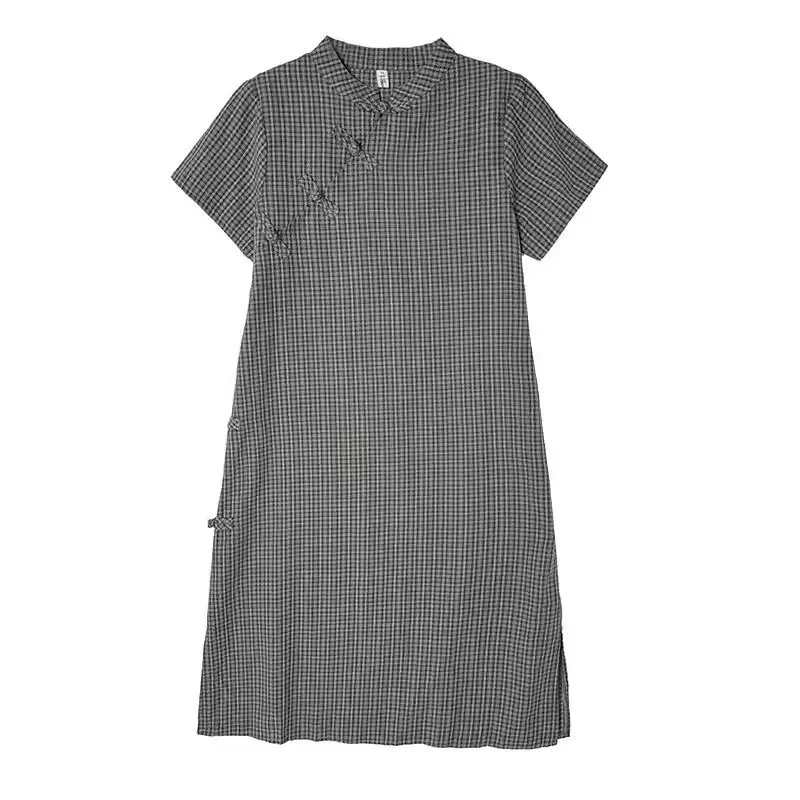 Robe Qipao à carreaux en coton à manches courtes pour femmes, petite robe d'été, grande taille, rétro Cheongsam, K1722, nouveau, 2024