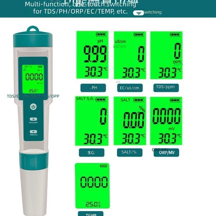 Seven-in-one water quality test pen test pH meter/TDS/TEMP/EC/salinity/SG/O RP detector to measure water