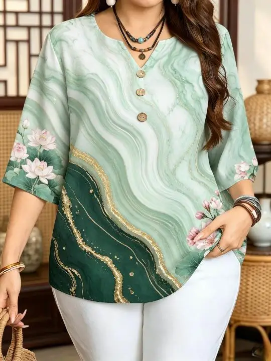 Plus Size Women 3/4 Sleeve V‑Neck Blouse Marble Gold Foil Floral Print Button Decoration Loose Casual Daily Tops