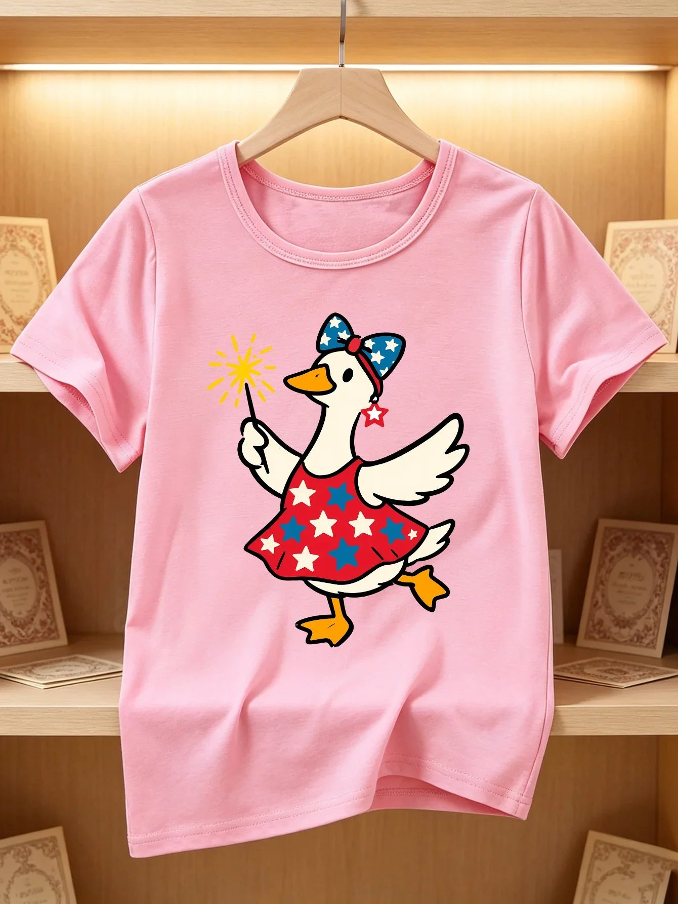 Kawaii Dancing Duck With Sparkler Star Bow Graphic Kids T Shirt Short Sleeve Round Neck Fashion Summer Tops For Kids