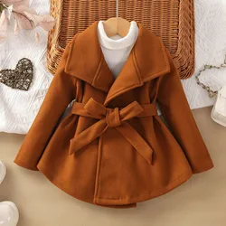 Girls Autumn and Winter Jackets Children Solid Color Large Lapel Long Sleeved Waist Lace Up Solid Trench Casual Windproof Coats