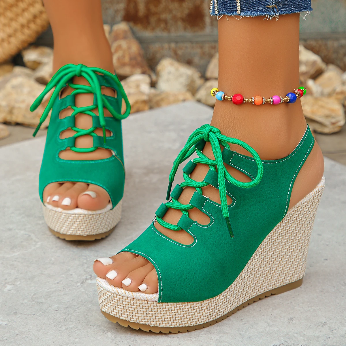 

2025 Summer Women Platform Wedge Sandals Open Toe Thick Sole Beach Shoes Women Fashion Elastic Ankle Strap High Heel Sandals