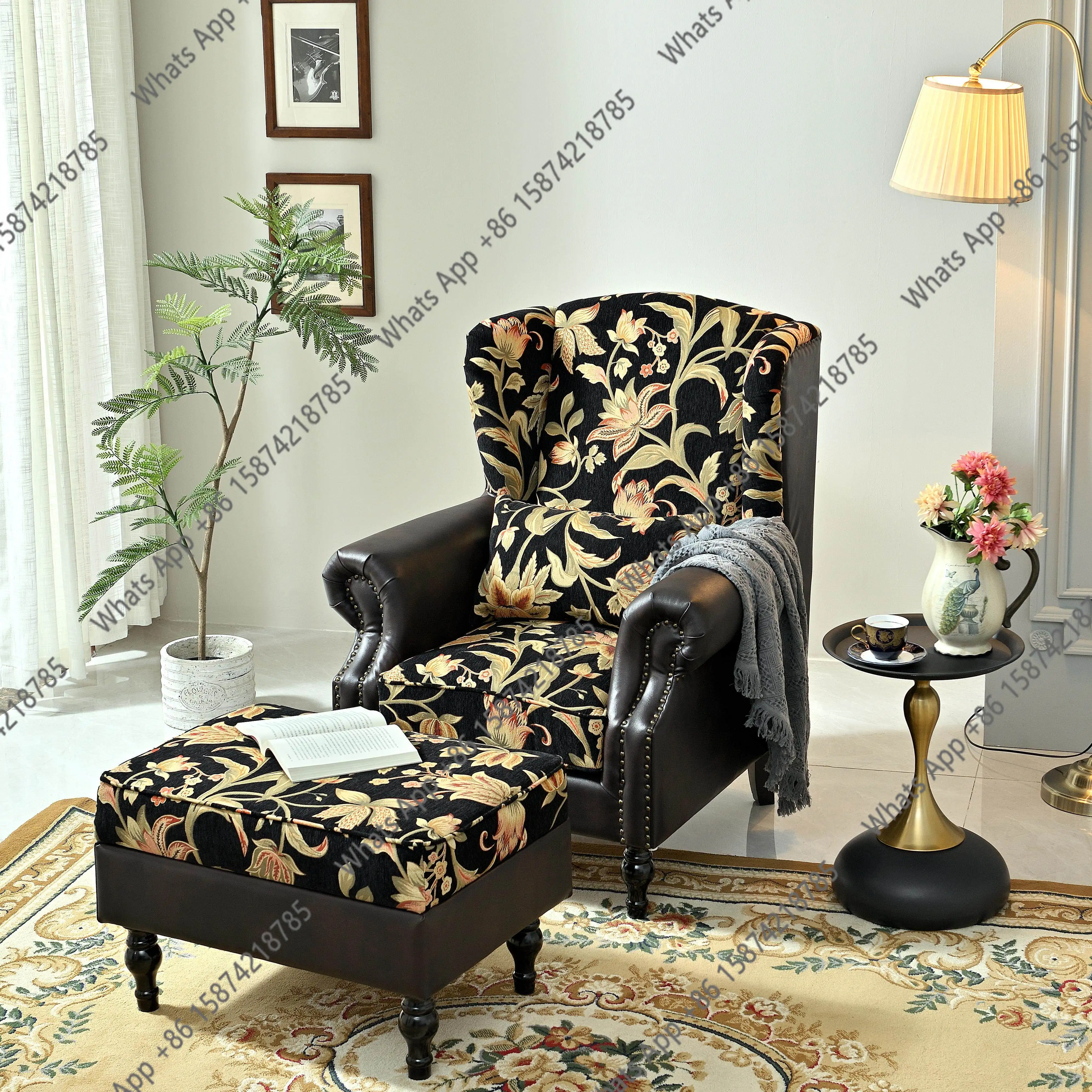 Flowering tiger chair French retro style fabric leather splicing single chair American living room high back leisure single sofa