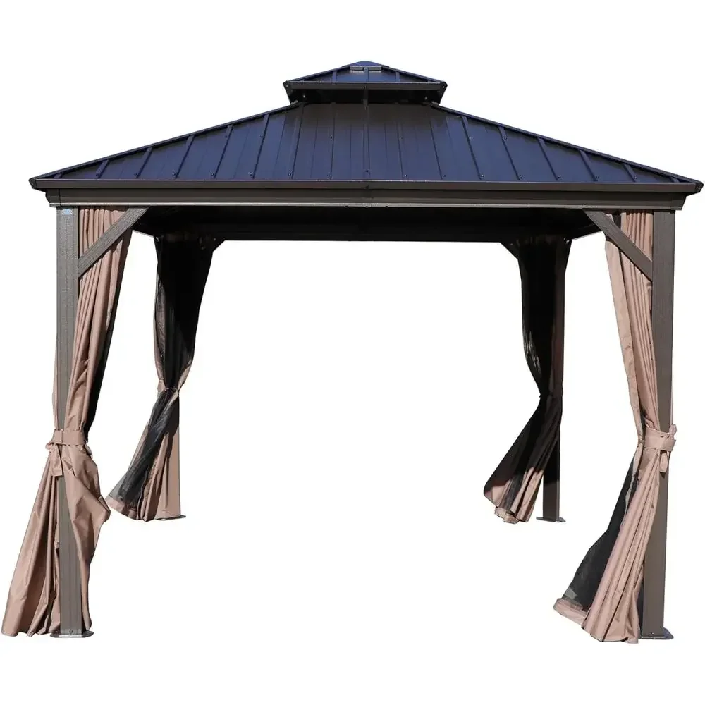 Caesar 10'x10' Hardtop Gazebo - Permanent Metal Pavilion with Netting and Shaded Curtains or Patio, Backyard Deck - Galvanized S