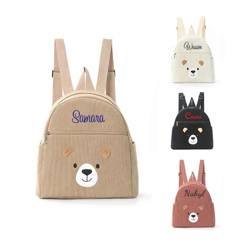 Handmade Custom Cute Teddy Bear Corduroy Backpack Lightweight Children's Travel Bag Unique Embroidered Gift Bag for Students