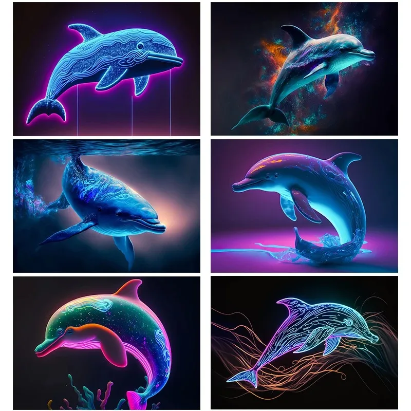 

Modern Dolphin Neon Posters and Prints Canvas Printing Wall Ocean Animal Aesthetics Art Picture for Living Room Home Decoration