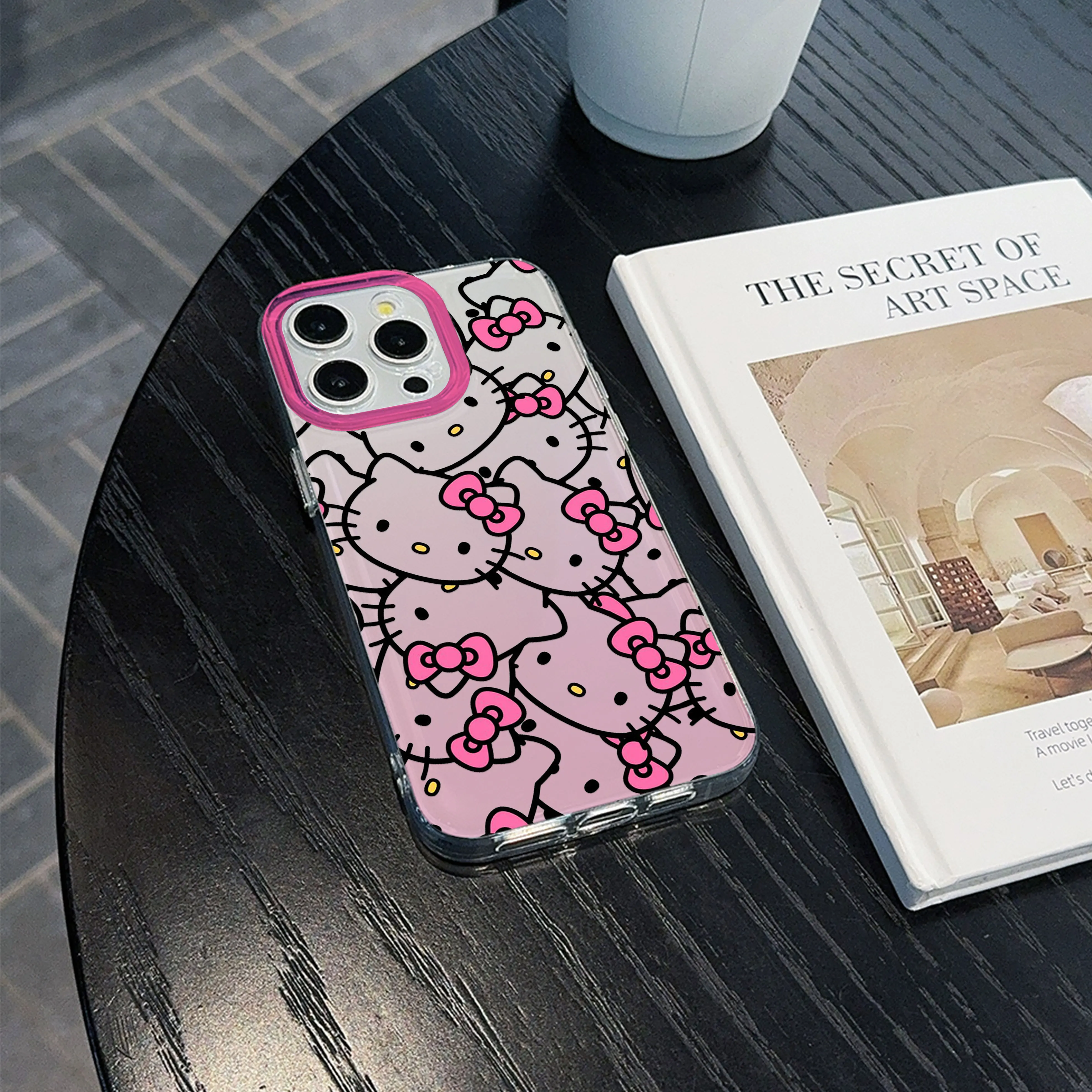 Gradient Pink Hello Kitty Clear Space Phone Case For iPhone 11 12 13 14 15 16 Pro Max Mini X Xs XR 7 8 plus Transparent Cover